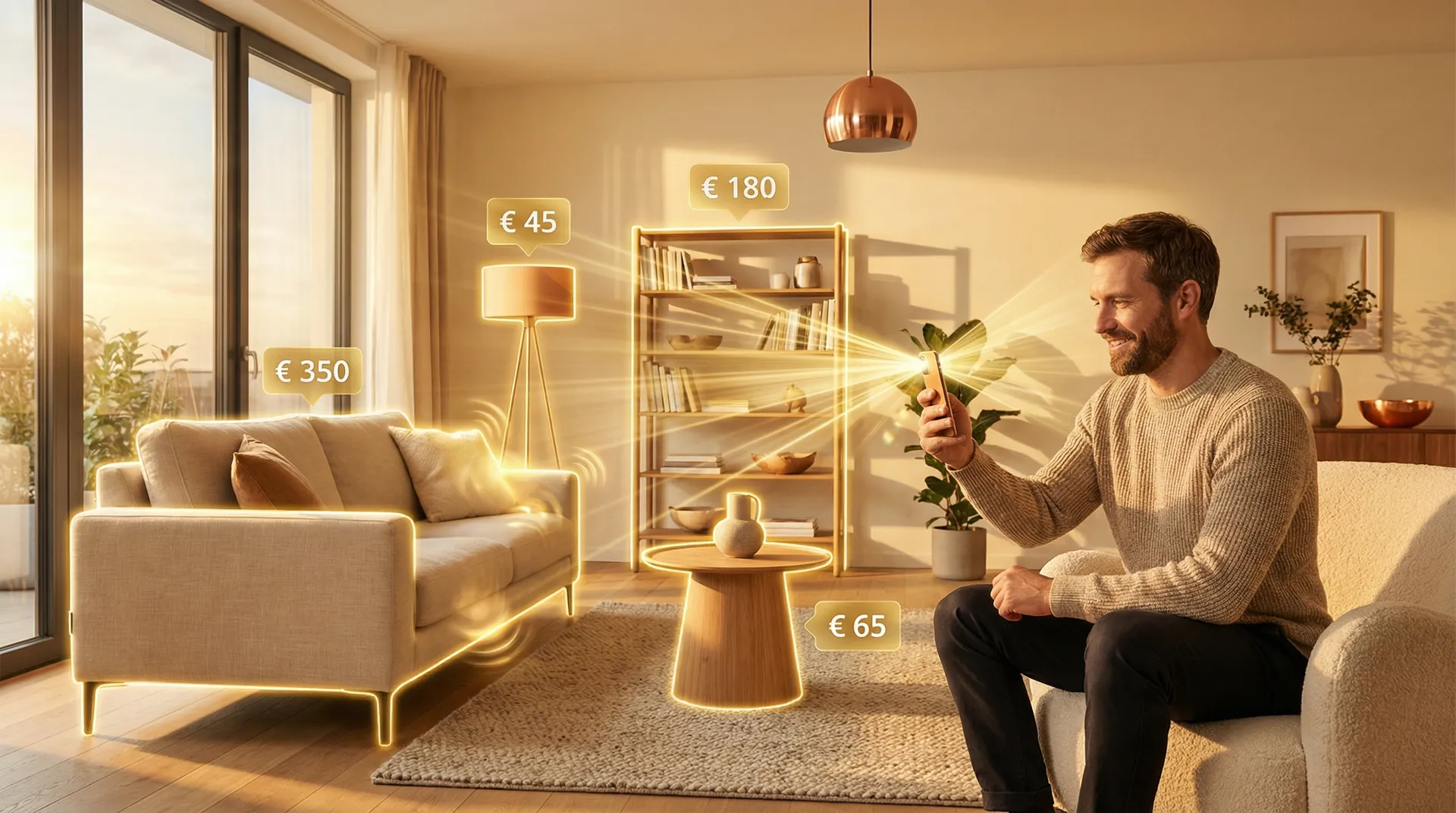 Person fotografiert Gegenstände mit dem Handy — KI erkennt Artikel und zeigt Preise